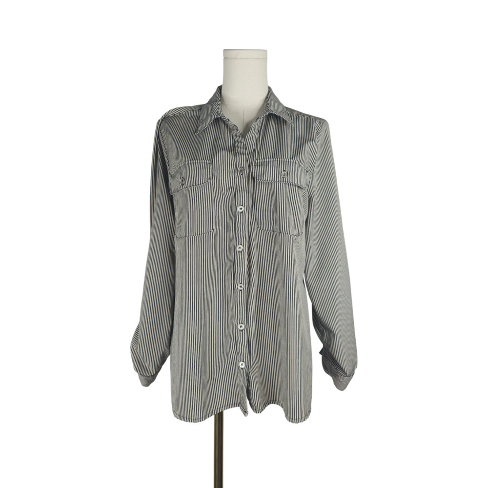 Notations Women's Black and Beige Striped Long Sleeve Button-Up Shirt Sz. L
